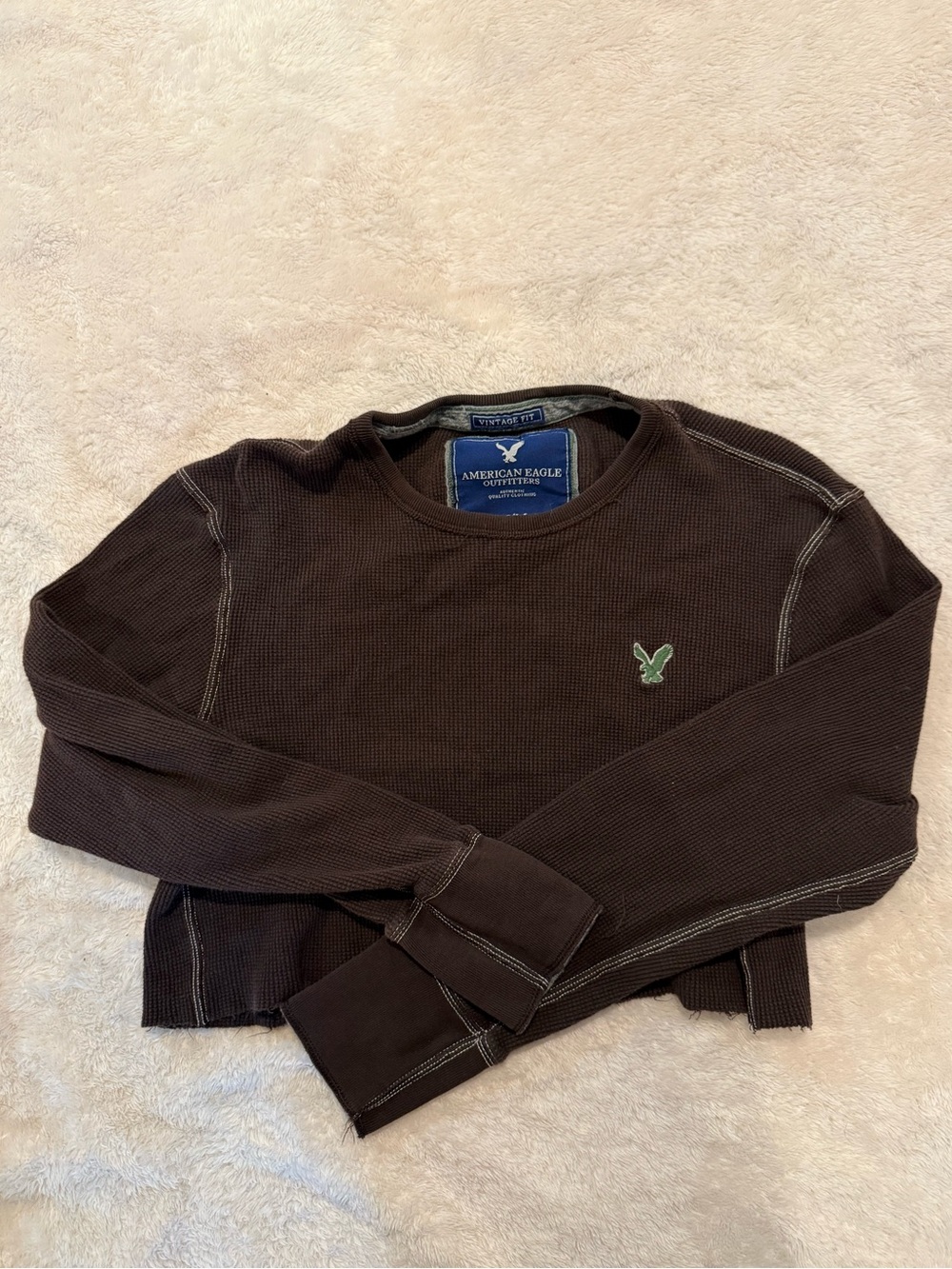 American Eagle Outfitters Brown Waffle-Knit Crewneck with Green Logo